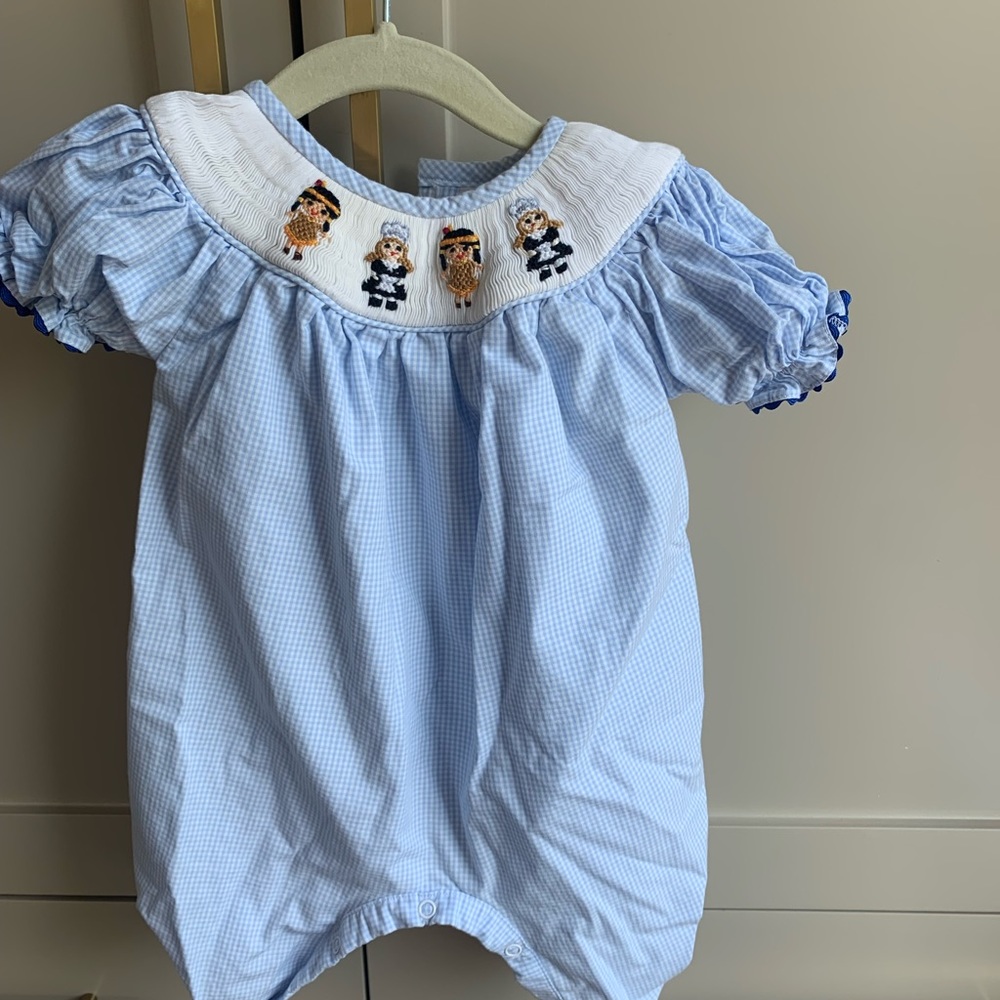 Thanksgiving smocked Jumper/ Romper- Smockingbird- 6 mos
